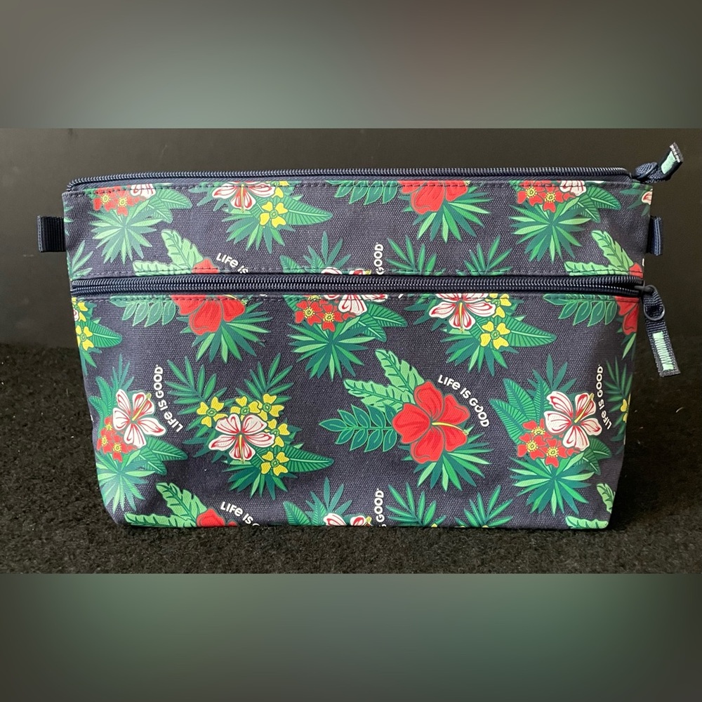 Life Is Good Blue Tropical Floral Hibiscus Pattern Carry All Travel Canvas Pouch